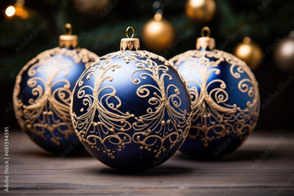 three blue and gold christmas ornaments sitting on a table next to a christmas tree with gold ornaments on top of it and a christmas tree in the background with lights. three blue and gold christmas ornaments sitting on a table next to a christmas tree with gold ornaments on top of it and a christmas tree in the background with lights.