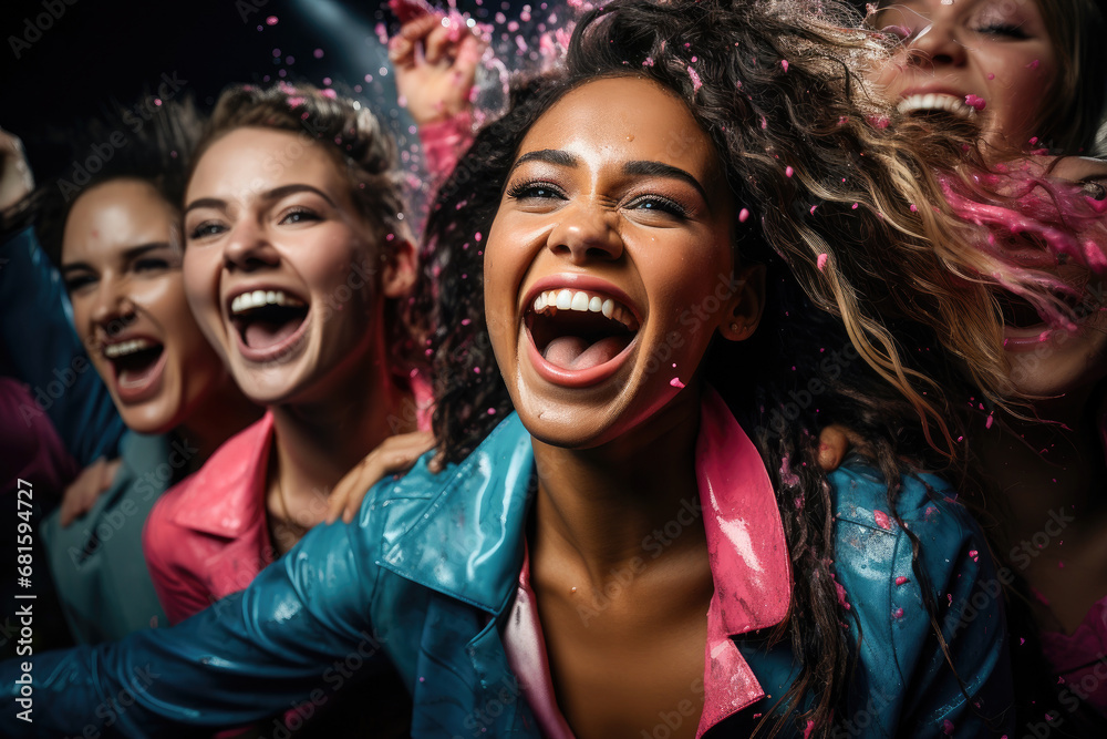 Happy friends laughing and having fun with confetti at a vibrant celebratory party. Happy friends laughing and having fun with confetti at a vibrant celebratory party.