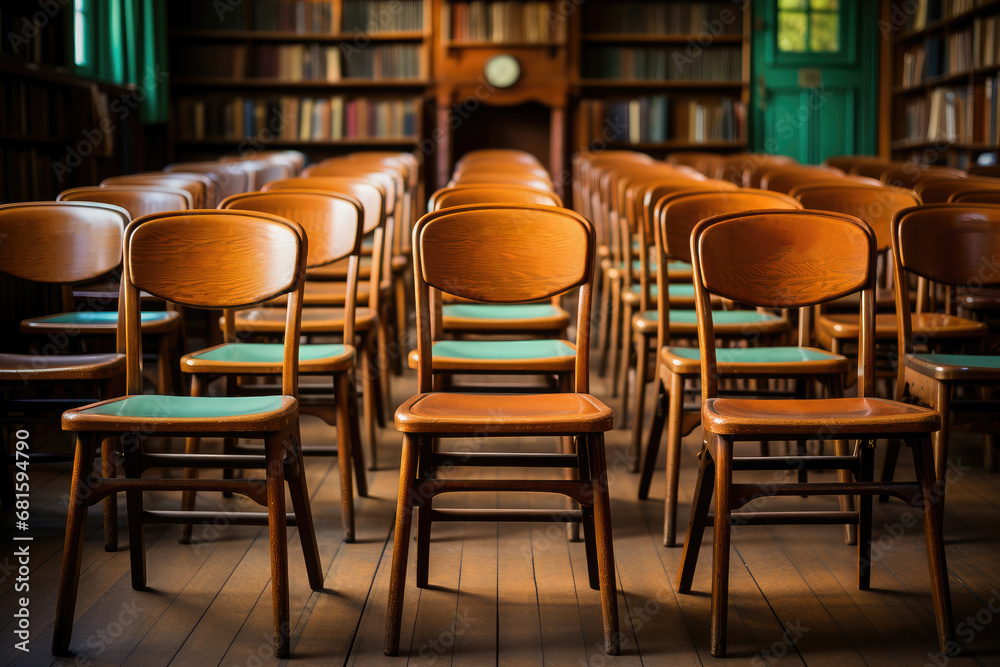 Rows of empty wooden chairs in a vintage library setting with bookshelves in the background, conveying a quiet educational atmosphere.
