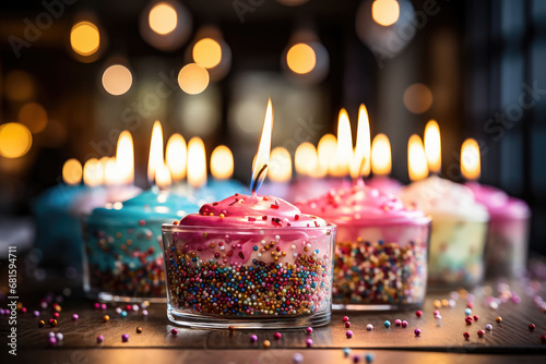 Colorful cupcakes with sprinkles and lit candles on a festive table  symbolizing celebration and sweet delights.