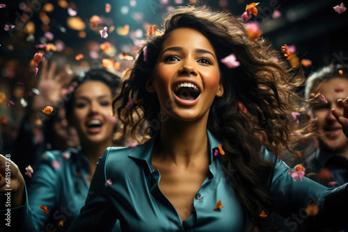 Joyful woman in a blue shirt celebrating with friends and confetti at a fun party event.
