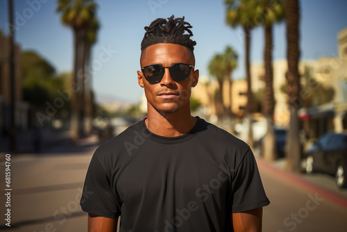A stylish young man wearing sunglasses and a black t-shirt exudes confidence on a sunny city street.