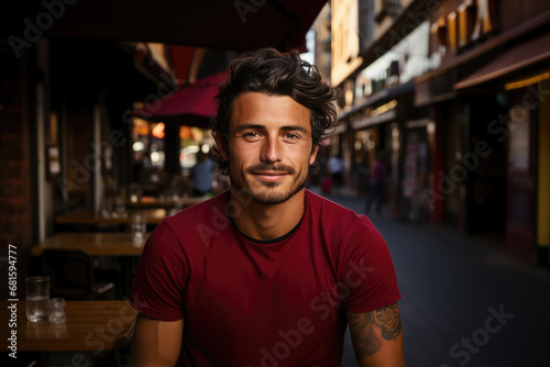 A portrait of a smiling young man with a trendy hairstyle and tattoo, wearing a casual red t-shirt in an urban setting.