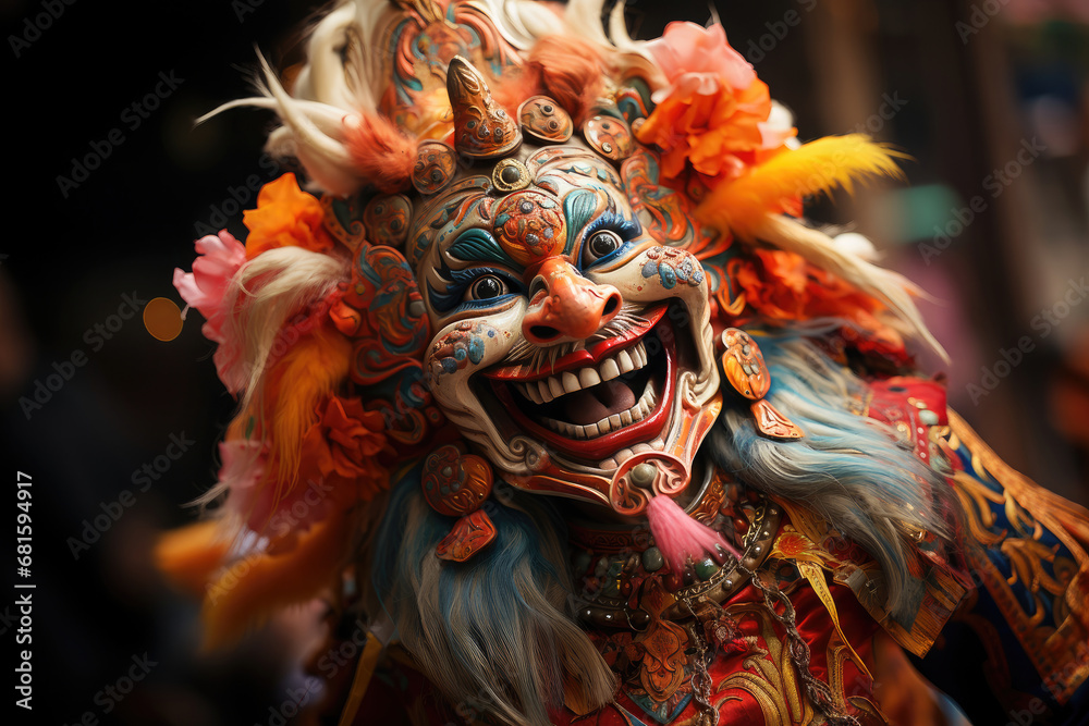 Vibrant traditional mask at a cultural festival, showcasing intricate design and rich heritage.