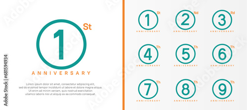 set of anniversary logo green color number in circle and orange text on white background for celebration photo