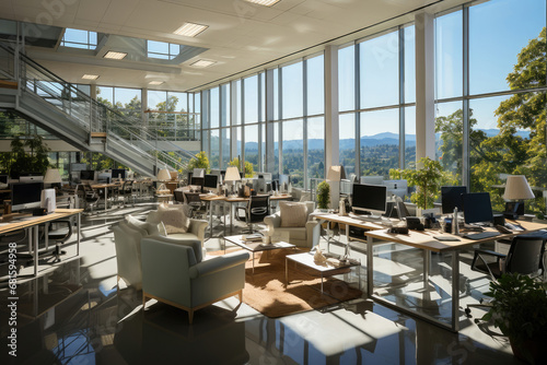 Spacious modern office interior boasting ample natural light, elegant minimalist furniture, and a view of mountains through large glass windows.