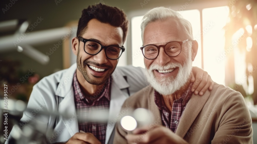 Optician and patient collaborating on an eyesight assessment. Optician and patient collaborating on an eyesight assessment.