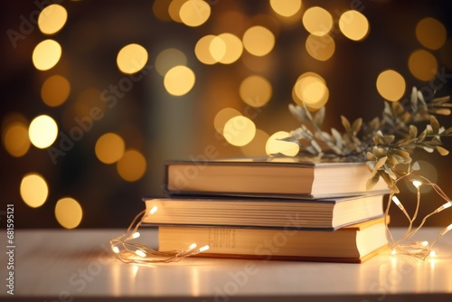  a stack of books sitting on top of a table next to a string of lights and a book with a sprig of green leaves on top of it.