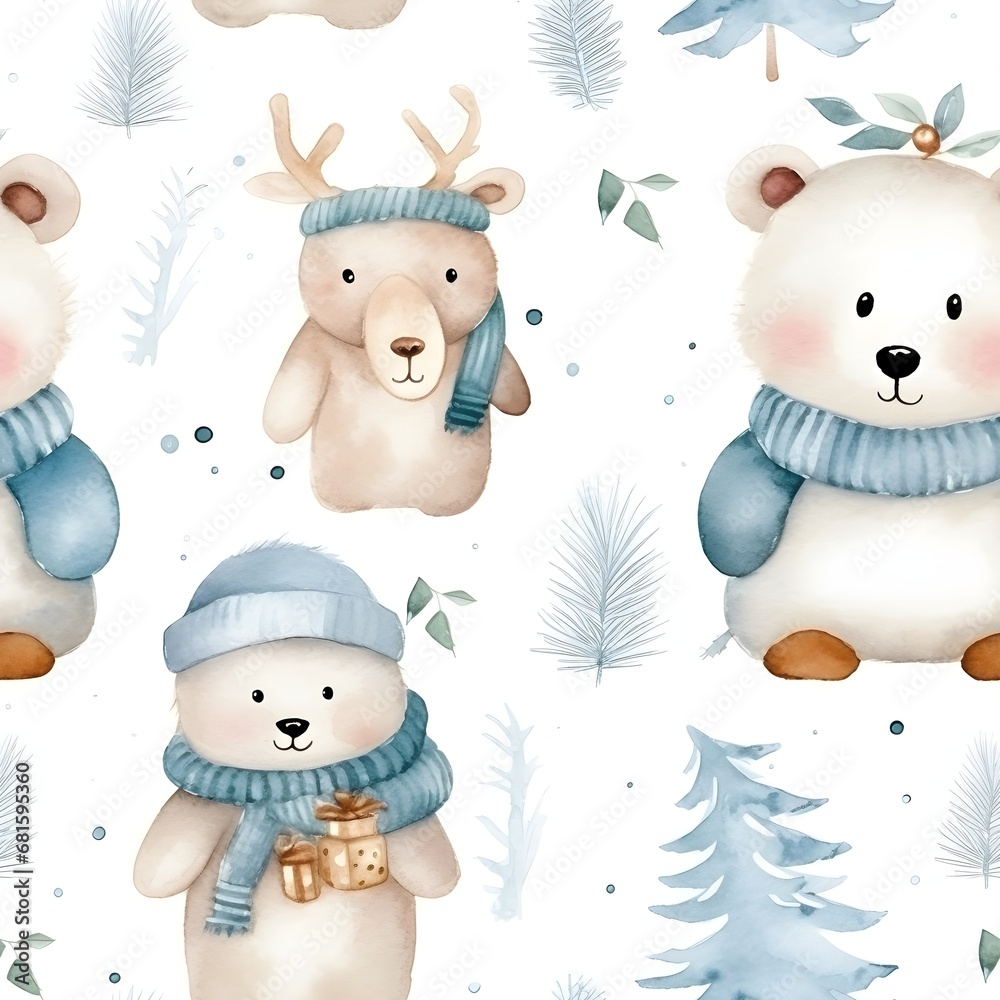 Watercolour with cute baby bear and deer cartoon animal portrait design for Winter holiday Watercolour with cute baby bear and deer cartoon animal portrait design for Winter holiday