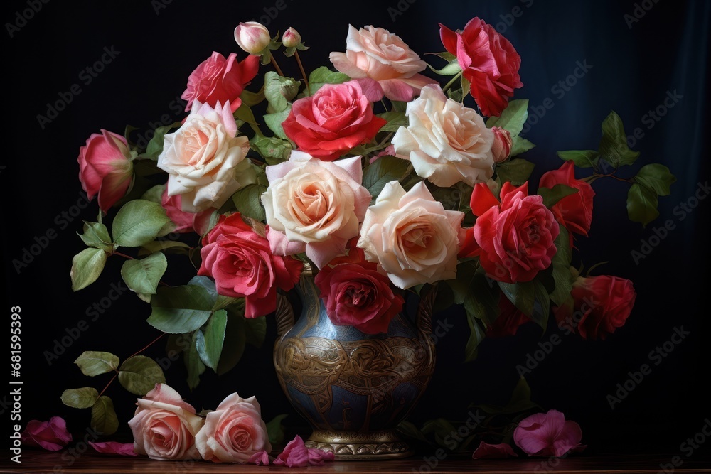  a vase filled with lots of pink and red flowers on top of a wooden table next to a green leaf filled vase with red and white flowers on the side.