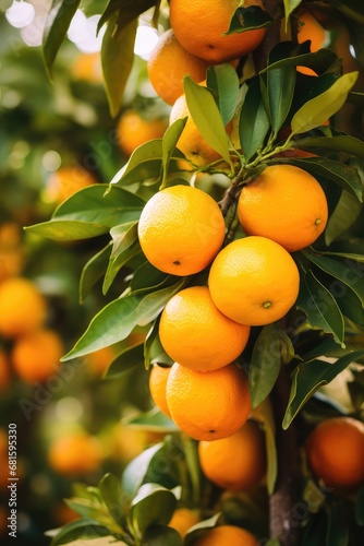 Fresh ripe oranges hanging on a tree