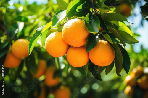Fresh ripe oranges hanging on a tree