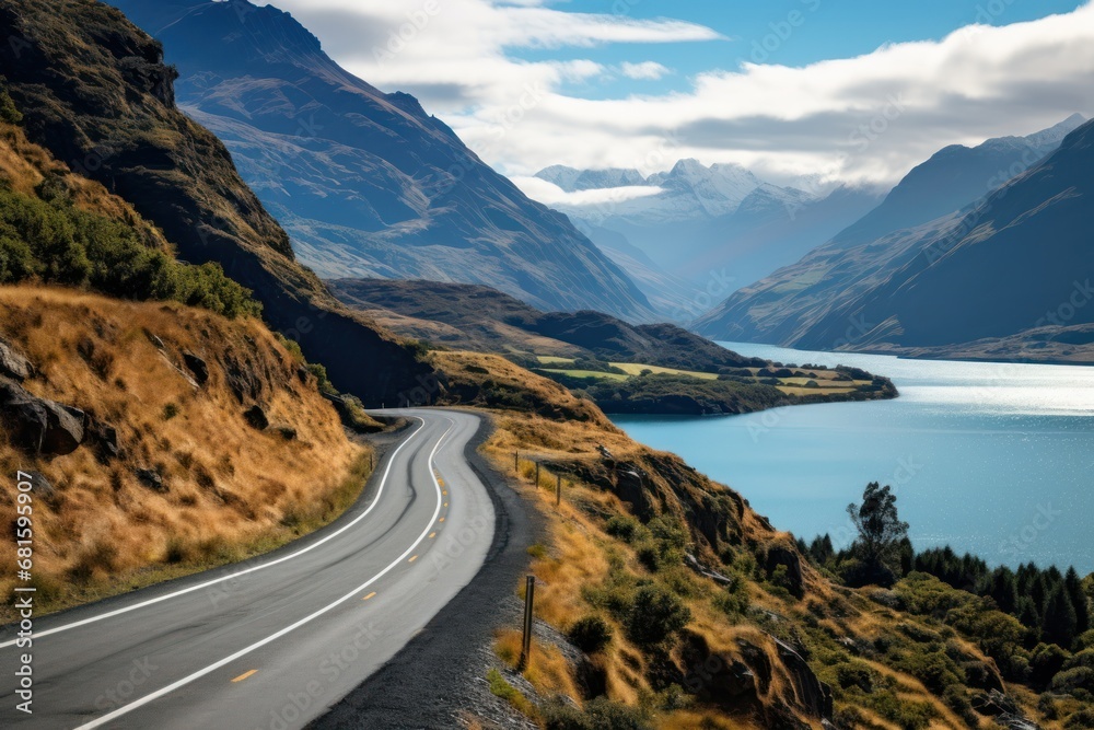 a view of a mountain road with a lake in the middle of the road and mountains in the distance with a blue sky with white clouds in the foreground. a view of a mountain road with a lake in the middle of the road and mountains in the distance with a blue sky with white clouds in the foreground.