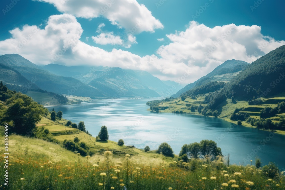  a large body of water surrounded by lush green hills and a lush green valley filled with wildflowers under a cloudy blue sky with fluffy white fluffy white clouds.