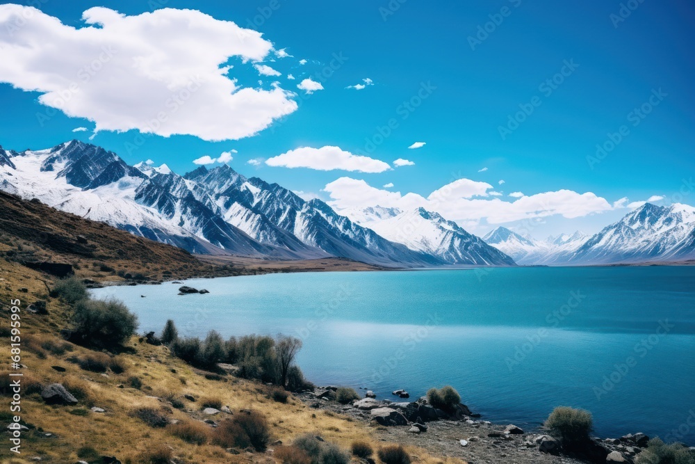  a body of water surrounded by mountains under a blue sky with a few clouds in the sky with a few clouds in the sky and a few clouds in the water.