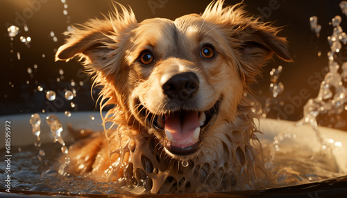 Cute wet puppy sitting in bathtub, enjoying a refreshing shower generated by AI © djvstock