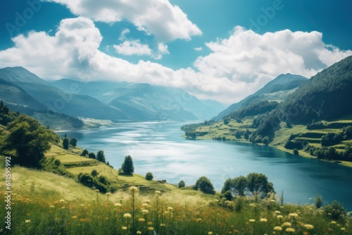  a large body of water surrounded by lush green hills and a lush green valley filled with wildflowers under a cloudy blue sky with fluffy white fluffy white clouds.