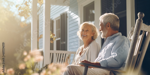 Elderly Bliss: Smiling Couple on Traditional Wooden Porch