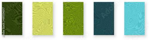 Set of ecology abstract poster designs with optical interference and liquid effect. Illusion of movement for banner, flier, invitation, cover, business card.