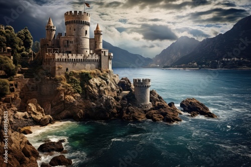  a castle sitting on top of a rocky cliff next to a body of water with waves crashing in front of it and a mountain range in the distance in the background.