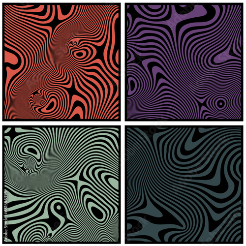 Set of vintage abstract posters with textured liquid pattern design and optical interference effect of the illusion of movement