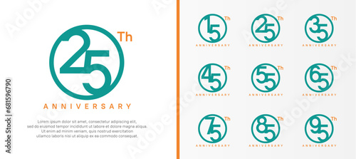 set of anniversary logo green color number in circle and orange text on white background for celebration