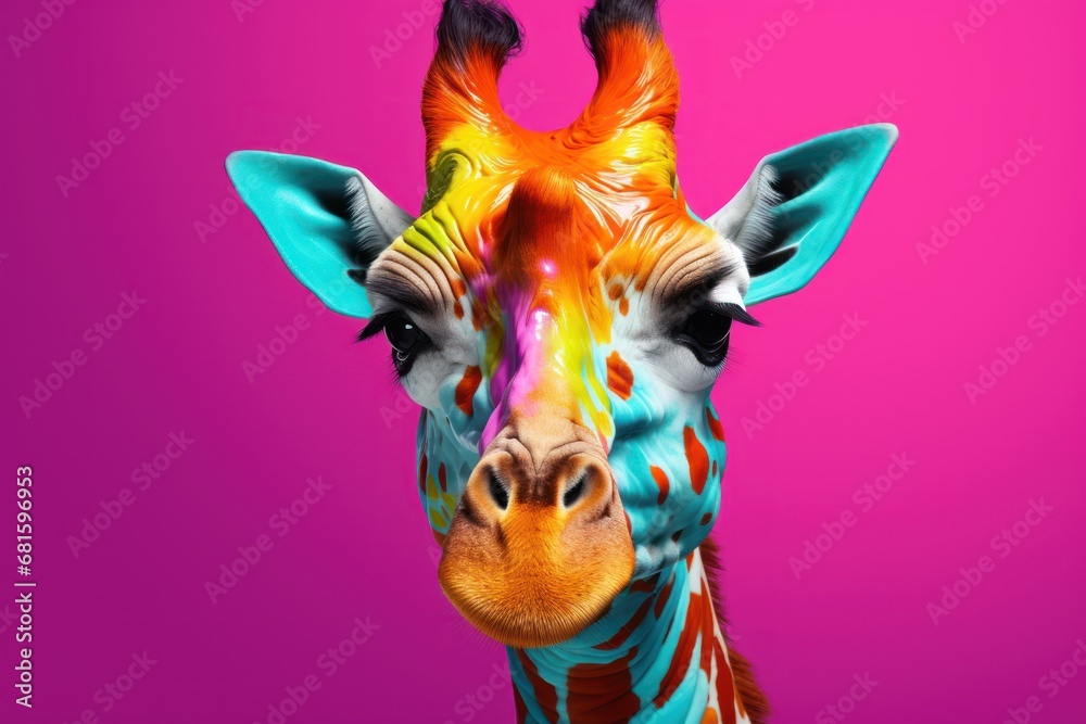  a close up of a giraffe's face with a bright colored pattern on it's body and head, against a pink background with only the giraffe's head.