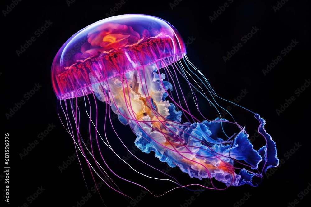 a close up of a jellyfish on a black background with a red and blue jellyfish in the middle of it's head and a purple jellyfish in the middle of it's body. a close up of a jellyfish on a black background with a red and blue jellyfish in the middle of it's head and a purple jellyfish in the middle of it's body.