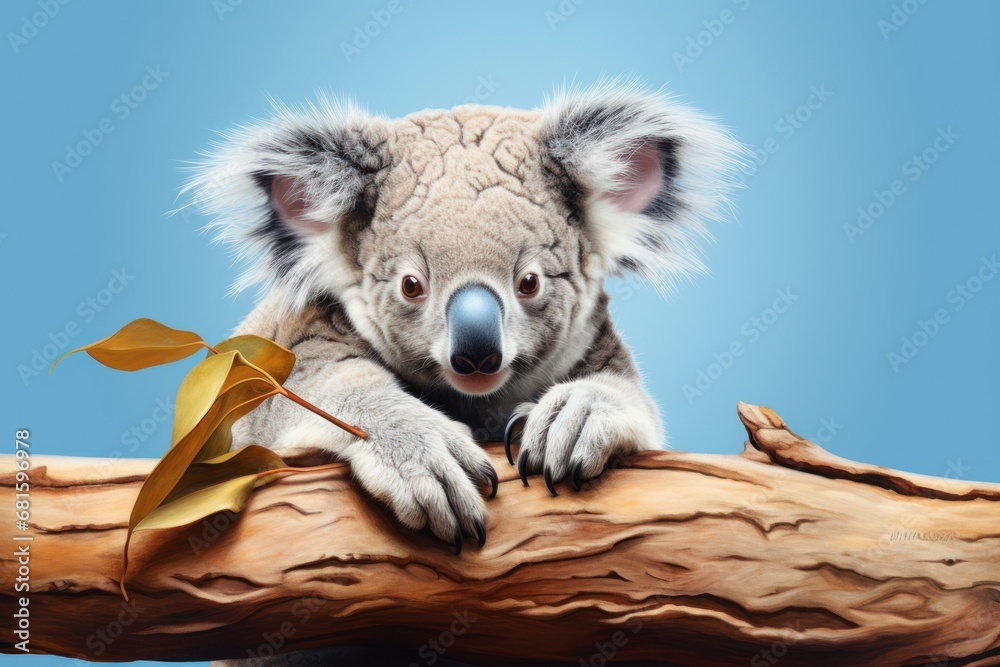 a koala bear sitting on top of a tree branch with a leaf on it's side and a blue sky in the back ground behind the koala bear. a koala bear sitting on top of a tree branch with a leaf on it's side and a blue sky in the back ground behind the koala bear.