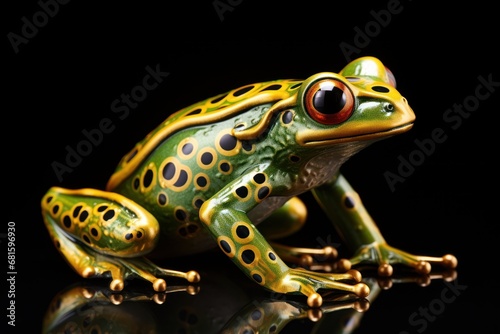  a green and yellow frog sitting on top of a black surface with a reflection of it's face on the frog's back end of the frog's legs. photo