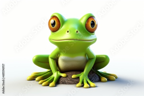  a frog with big eyes sitting on top of a piece of wood with a rock in the foreground and a white background behind the frog is looking at the camera.