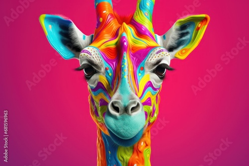  a close up of a giraffe's head with a bright colored pattern on it's face and neck, against a pink background with only the giraffe's head looking at the camera.