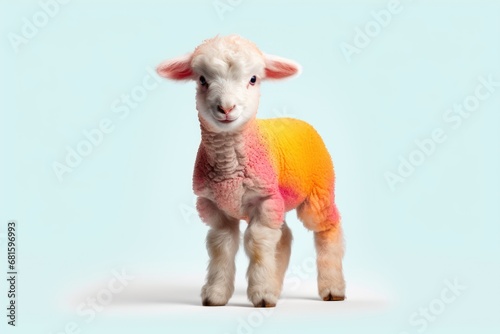  a sheep with a rainbow colored coat standing in front of a blue background and looking at the camera with a serious look on its face, with a serious look on its face. © Shanti