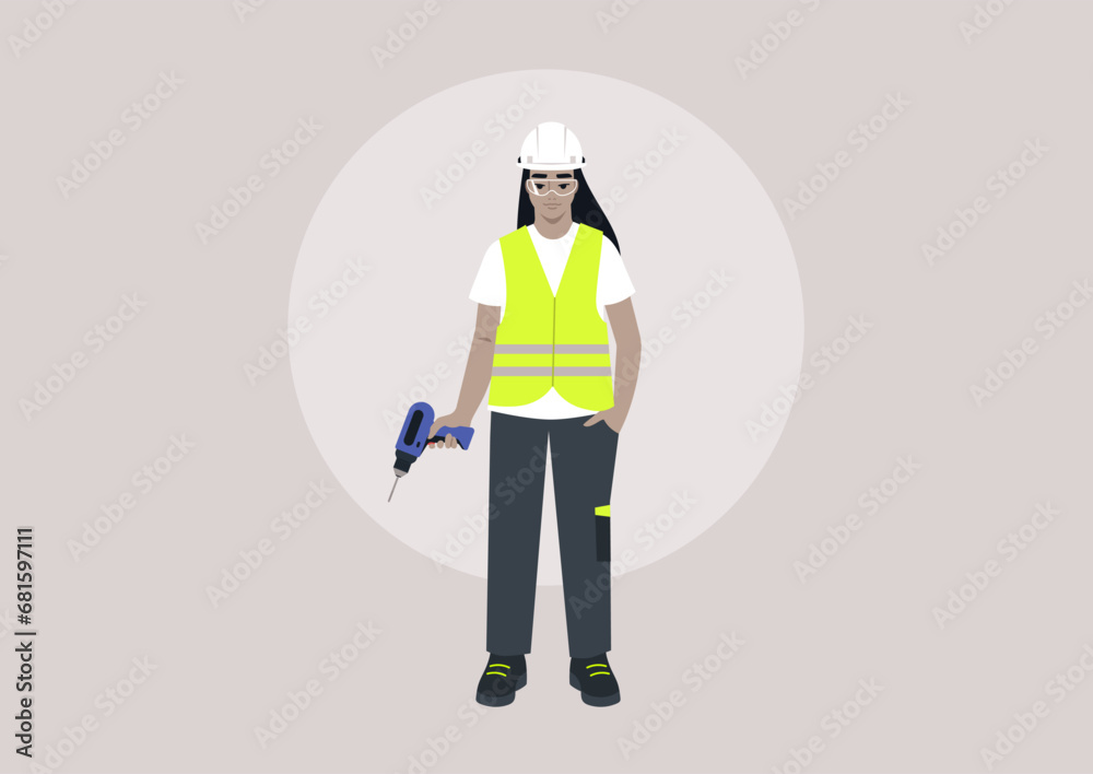 A young character in a repair worker uniform, adorned with a yellow high-visibility vest, hard hat, safety goggles, and polo shirt, holding an electric drill in one hand A young character in a repair worker uniform, adorned with a yellow high-visibility vest, hard hat, safety goggles, and polo shirt, holding an electric drill in one hand