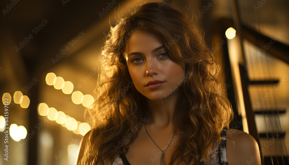 Fototapeta premium Young woman with long brown hair looking outdoors at night generated by AI