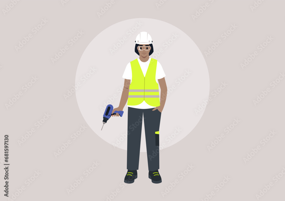 A young character in a repair worker uniform, adorned with a yellow high-visibility vest, hard hat, safety goggles, and polo shirt, holding an electric drill in one hand