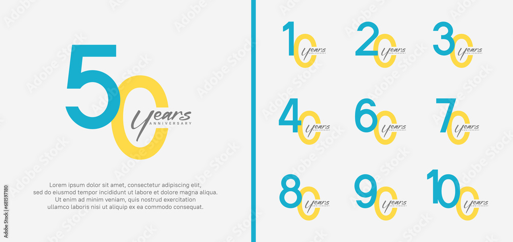 set of anniversary logo blue and yellow color number on white background for celebration set of anniversary logo blue and yellow color number on white background for celebration