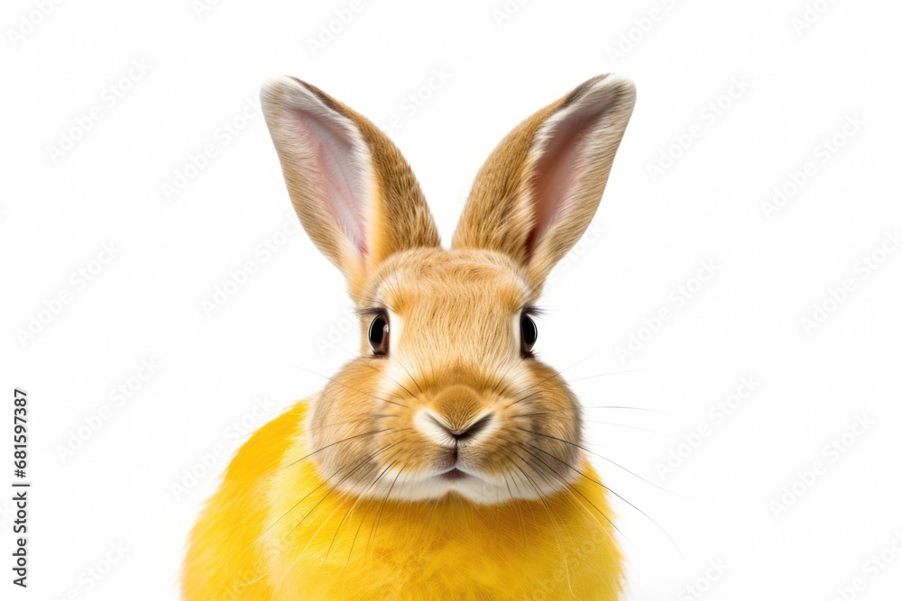  a close up of a rabbit's face with a yellow coat around it's ears and a black spot in the middle of it's eyes, on a white background.