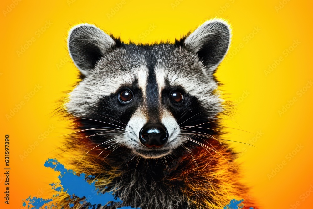 a close up of a raccoon's face on a yellow background with blue paint splattered on the bottom of the raccoon and bottom of the raccoon.