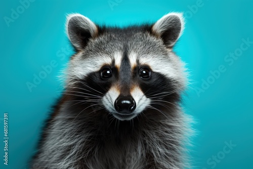  a close up of a raccoon's face on a blue background with a blurry image of the raccoon's head and the raccoon is looking at the camera.