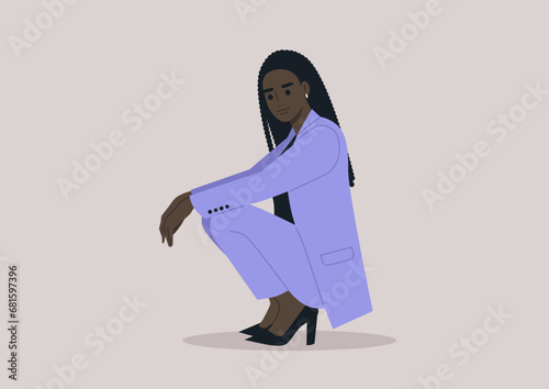A poised businesswoman, donned in an elegant lavender pantsuit and high heels, exudes confidence in a purposeful squat
