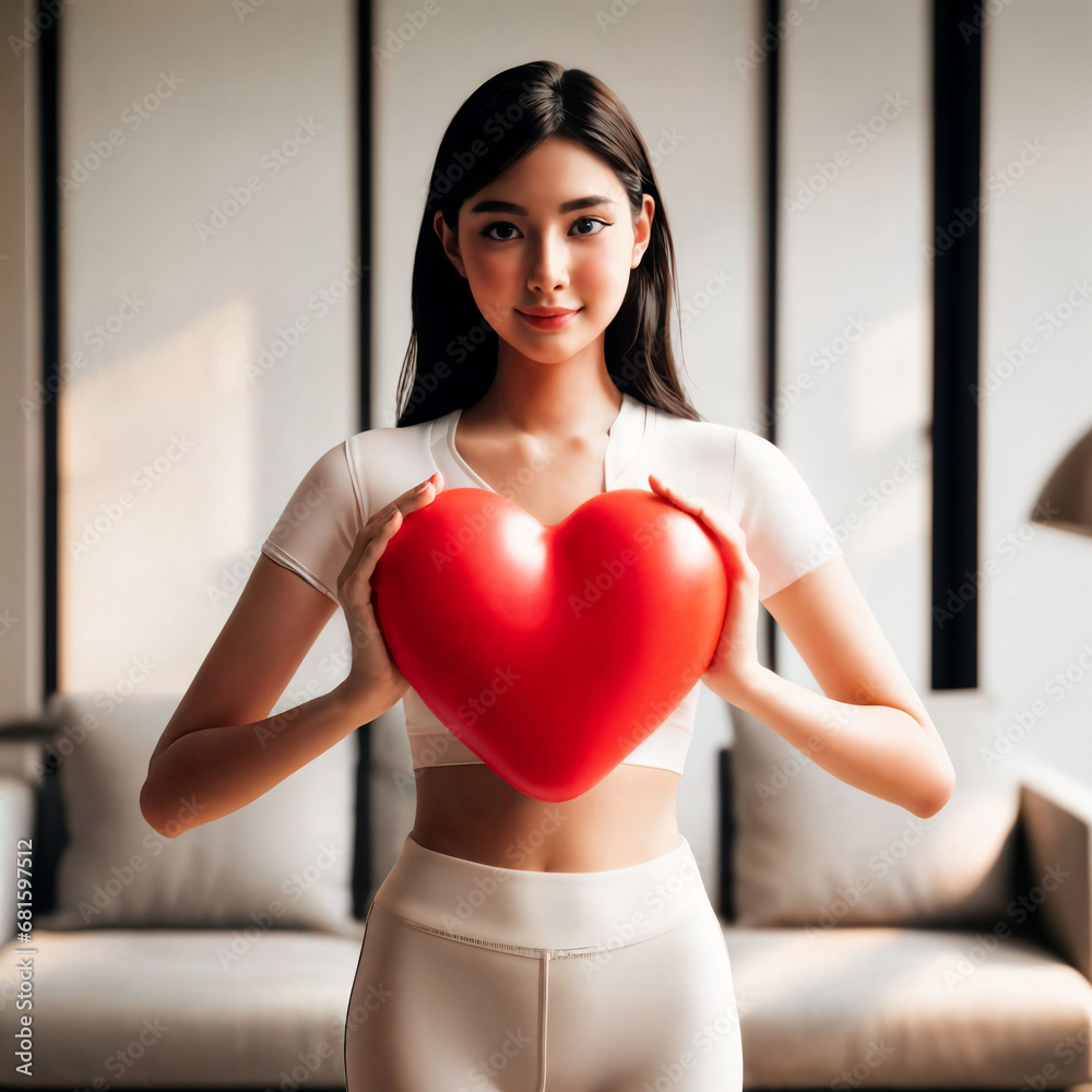 photo of beautiful asian woman with white sport outfit holding red heart shape take care symbol in clean minimal room, generative AI photo of beautiful asian woman with white sport outfit holding red heart shape take care symbol in clean minimal room, generative AI