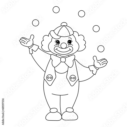 Cute funny cartoon clown juggler with balls. Sketch for children's coloring, line drawing, vector
