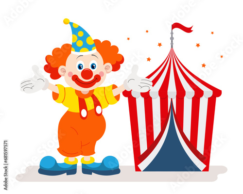 Cheerful clown invites to the circus. Cute clown and circus big top. Colorful cartoon illustration, vector