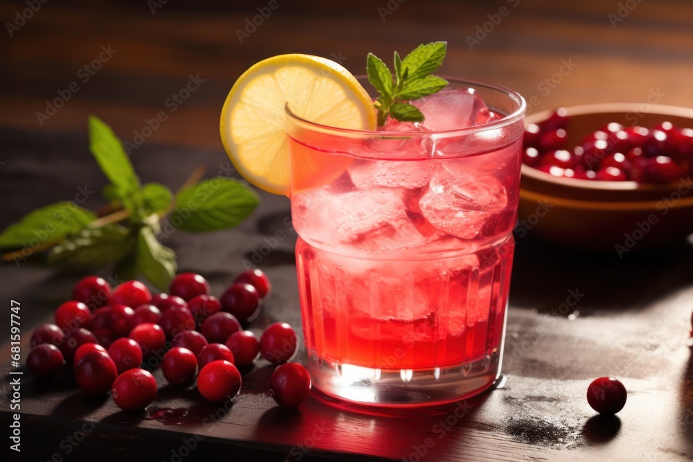 a glass of cranberry lemonade next to a bowl of cranberries and a bowl of pomegranates and a lemon slice on a table. a glass of cranberry lemonade next to a bowl of cranberries and a bowl of pomegranates and a lemon slice on a table.