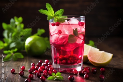  a glass filled with ice and cranberries next to a lemon slice and mint on a wooden table next to limes and limes on the side of the table.