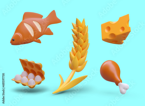 Set of 3D labeling for edible products. Fish, eggs, wheat, meat, cheese. Isolated vector color illustration. Dairy, grain, meat, egg, fish dishes. Templates for grocery store categories