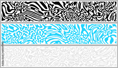 Set of paper cards with liquid design rippled contrast curve lines. Psychedelic banner, flier, invitation, booklet.