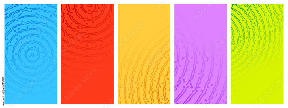 Set of vibrant colorful abstract backgrounds with rough concentric circles. Minimal geometric cardboard design.