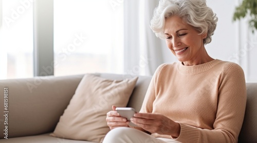 Elderly woman happily sits on the sofa, scrolling her smartphone at home.